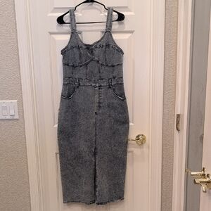 So Me Acid-Wash Denim Dress in Light Blue and Pink Label